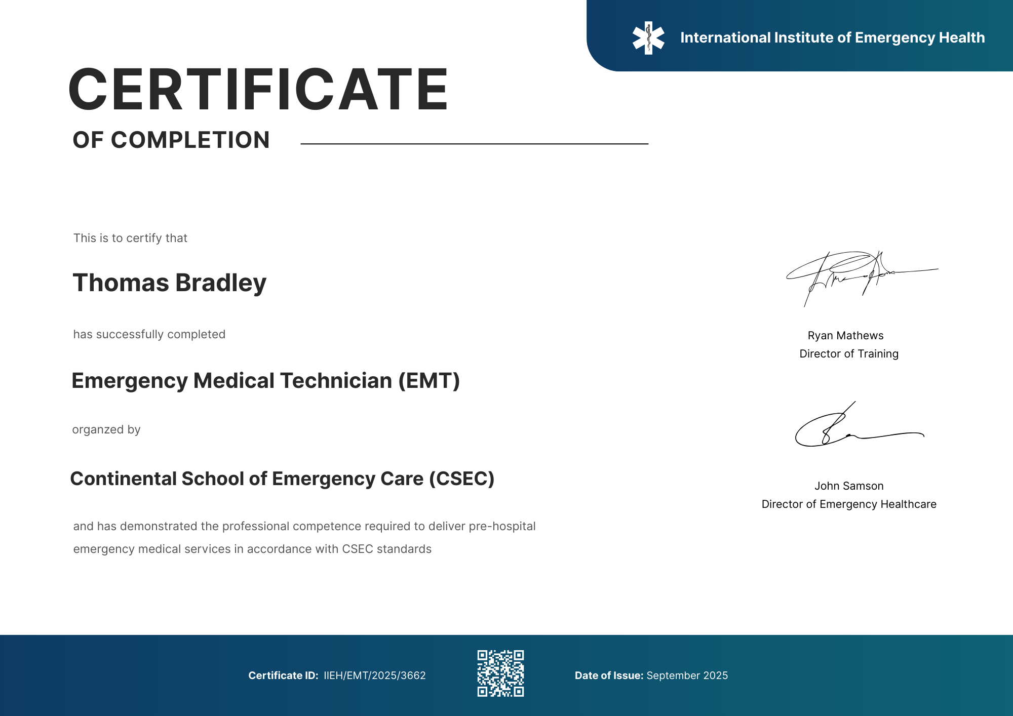 Sophisticated EMT Certificate Template with Clean Professional Borders